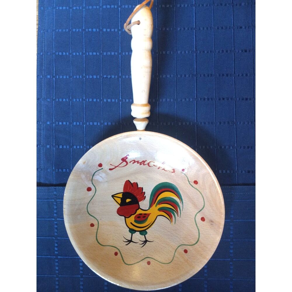 Vintage Painted Rooster Wooden Snack Bowl with Detachable Handle Made in Japan